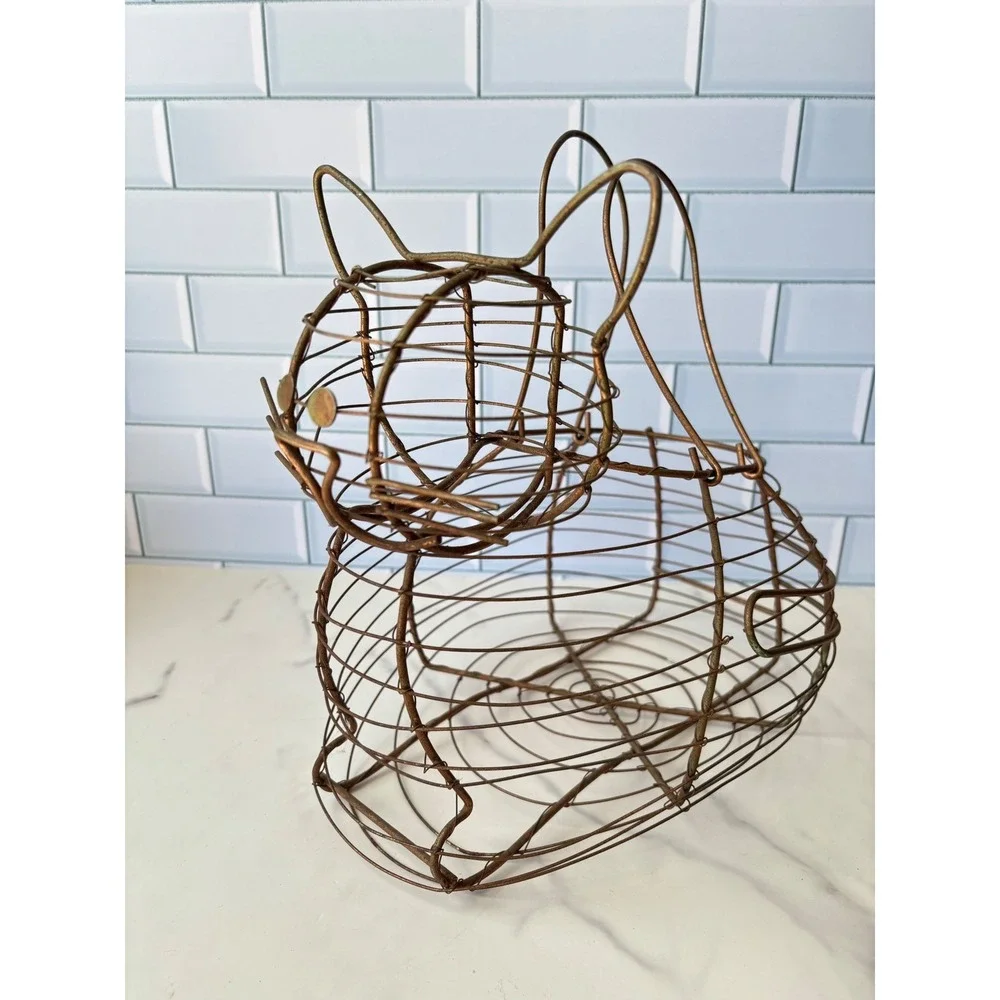 Vintage Wire Cat Egg Basket Copper Tone Metal Farmhouse Kitchen Decor